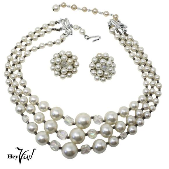 Vintage 3 Strand Pearl Crystal Necklace Clip On Earring Set Original Box Japan - Picture 1 of 8